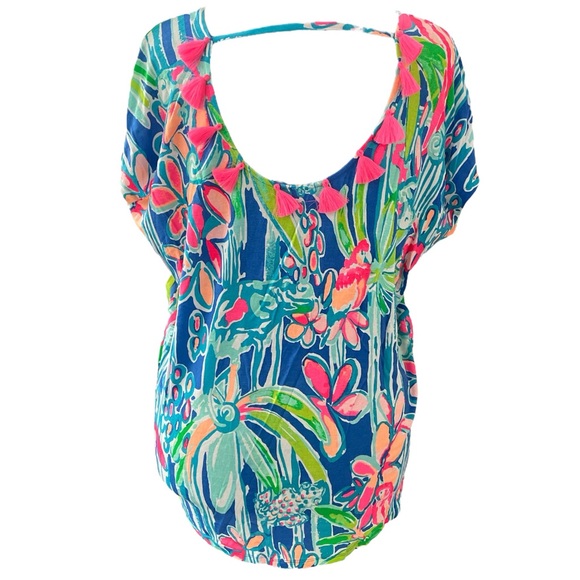 Lilly Pulitzer Seagate Cover up Tippy caftan top tassels deep back pink blue XS - Picture 5 of 14